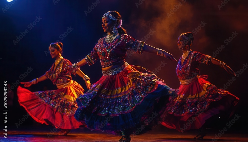 Three dancers perform in vibrant costumes, showcasing cultural traditions on stage.