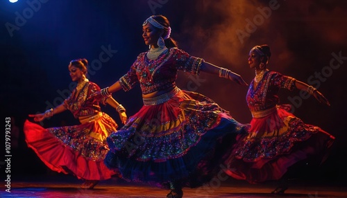 Three dancers perform in vibrant costumes, showcasing cultural traditions on stage.