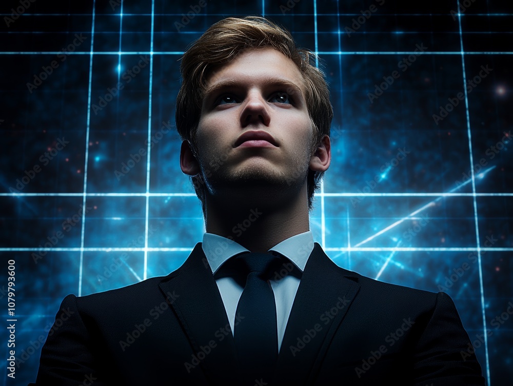 A confident individual in a suit stands against a futuristic, digital backdrop. A confident individual in a suit stands against a futuristic, digital backdrop.