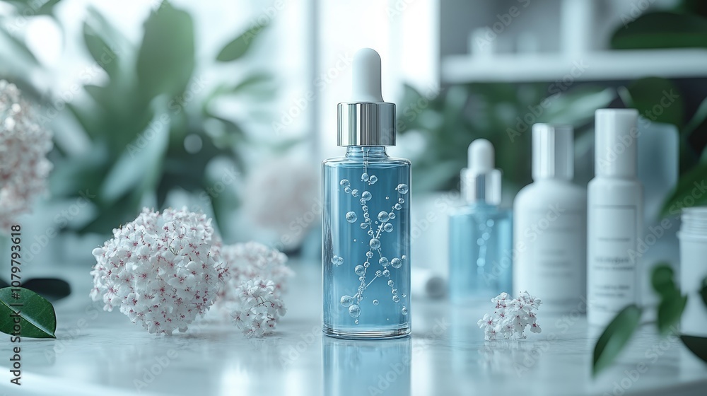 Glass bottle of blue serum with dropper, surrounded by flowers and green plants. Glass bottle of blue serum with dropper, surrounded by flowers and green plants.