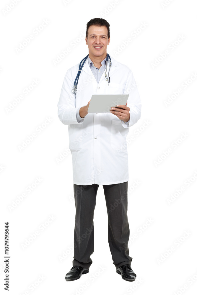 Man portrait, doctor and tablet for medicine in studio, online consulting service and white background. Male person, heart specialist and surgeon to plan schedule, monitor feedback and clinic website Man portrait, doctor and tablet for medicine in studio, online consulting service and white background. Male person, heart specialist and surgeon to plan schedule, monitor feedback and clinic website