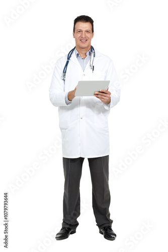 Man portrait, doctor and tablet for medicine in studio, online consulting service and white background. Male person, heart specialist and surgeon to plan schedule, monitor feedback and clinic website