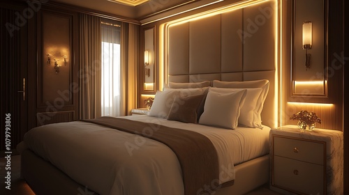 A luxurious bedroom featuring plush neutral bedding, an oversized headboard with metallic details, marble side tables, and soft golden lighting, adding warmth and elegance --ar 16:9