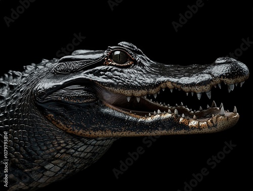 Close-up of a fierce alligator with its mouth open, revealing sharp teeth photo