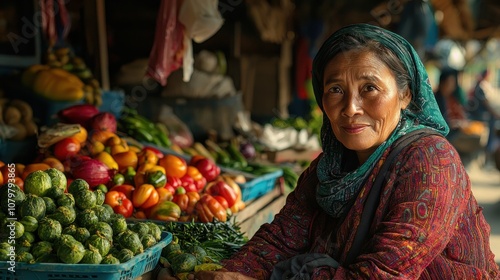 Close-up of a farmer selling fresh seasonal produce at a vibrant market, showcasing diverse fruits and vegetables, with an engaged customer interaction and colorful displays.