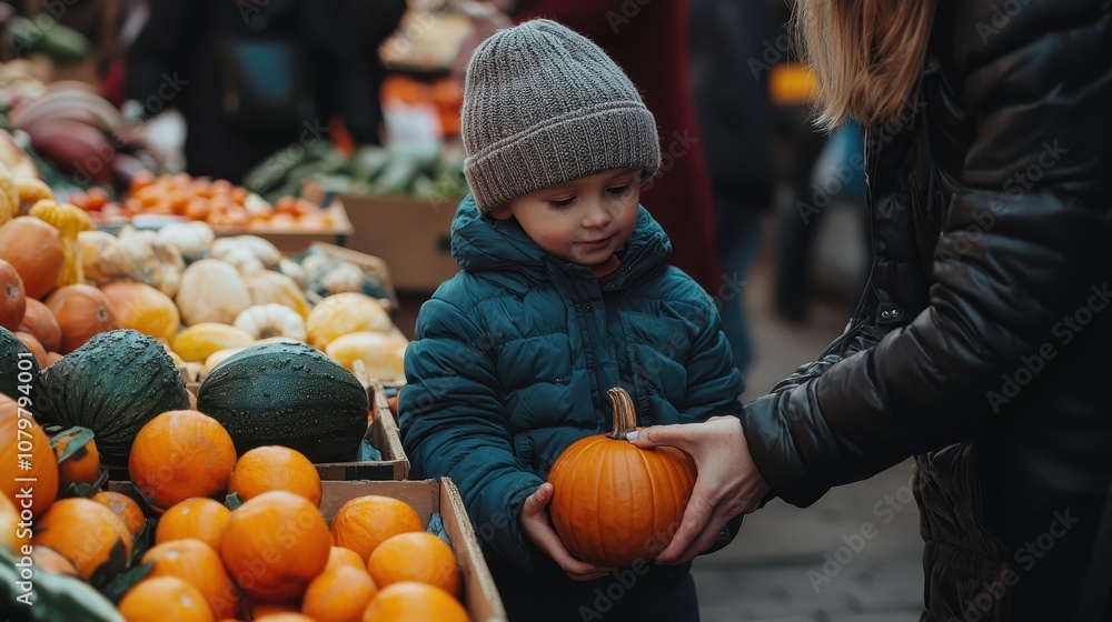 Fototapeta premium Child Holding Small Pumpkin in Market While Parents Choose Fresh Produce, Capturing the Joy of Autumn and Family Togetherness in a Vibrant Setting