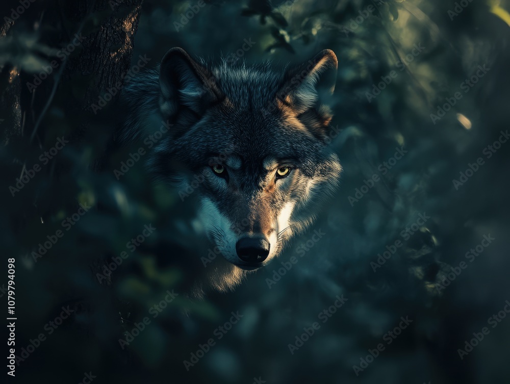 Captivating close-up of a mysterious wolf in the dark forest Captivating close-up of a mysterious wolf in the dark forest