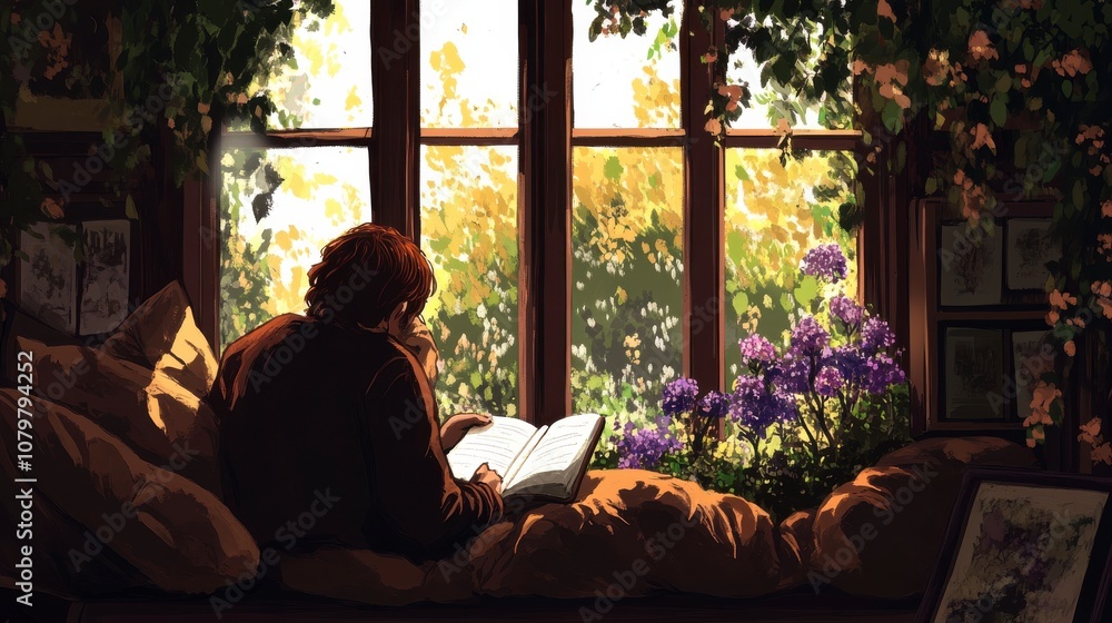 Obraz premium Cozy Reading by Bright Sunlit Window with Lush Greenery and Flowers