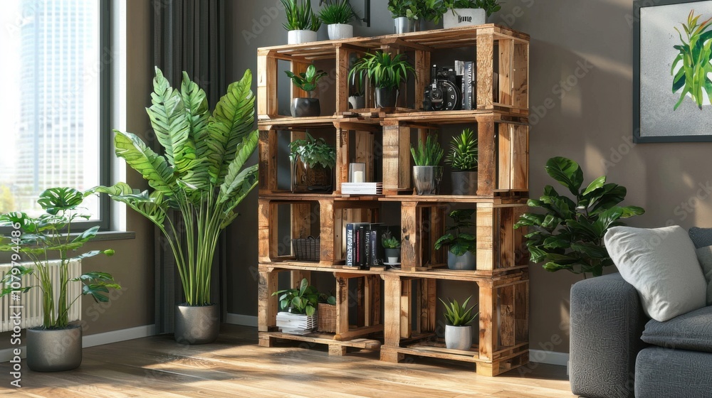 Stylish Rustic Shelf with Indoor Plants and Decor Stylish Rustic Shelf with Indoor Plants and Decor
