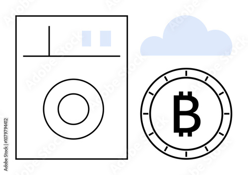 Washing machine, Bitcoin symbol, and cloud. Ideal for technology, finance, cryptocurrency, blockchain, data cloud computing digital security. Line metaphor