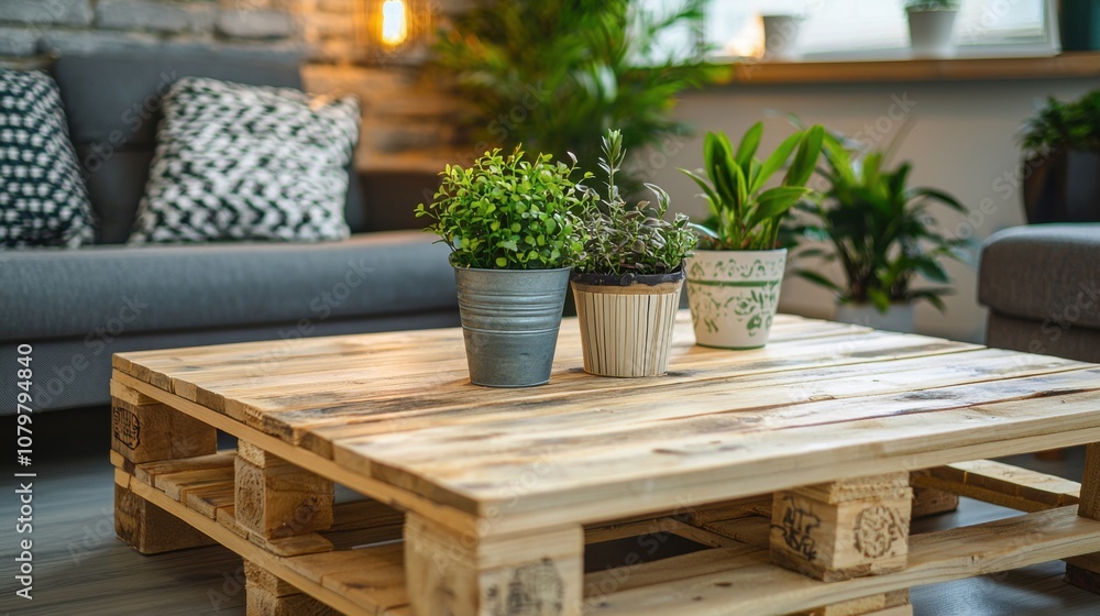 Fototapeta premium Stylish Wooden Coffee Table with Potted Plants