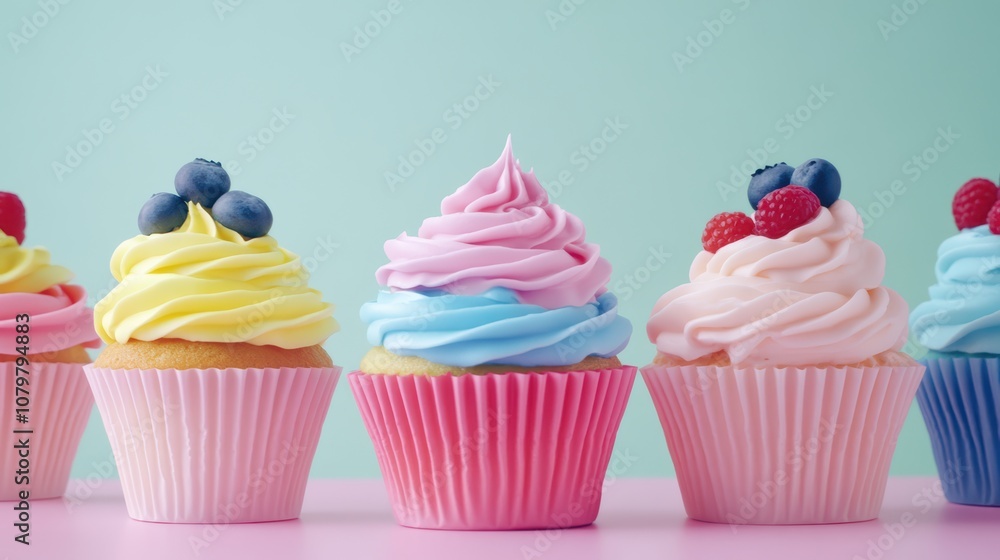 Colorful Cupcakes with Whipped Frosting and Fresh Berries on a Pink Surface Against a Soft Pastel Background for Sweet Treat Delight Colorful Cupcakes with Whipped Frosting and Fresh Berries on a Pink Surface Against a Soft Pastel Background for Sweet Treat Delight