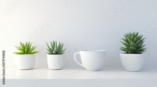 Minimalist Arrangement of Succulent Plants and a White Mug on a Clean Shelf Against a Soft Neutral Background for a Calming Interior Aesthetic