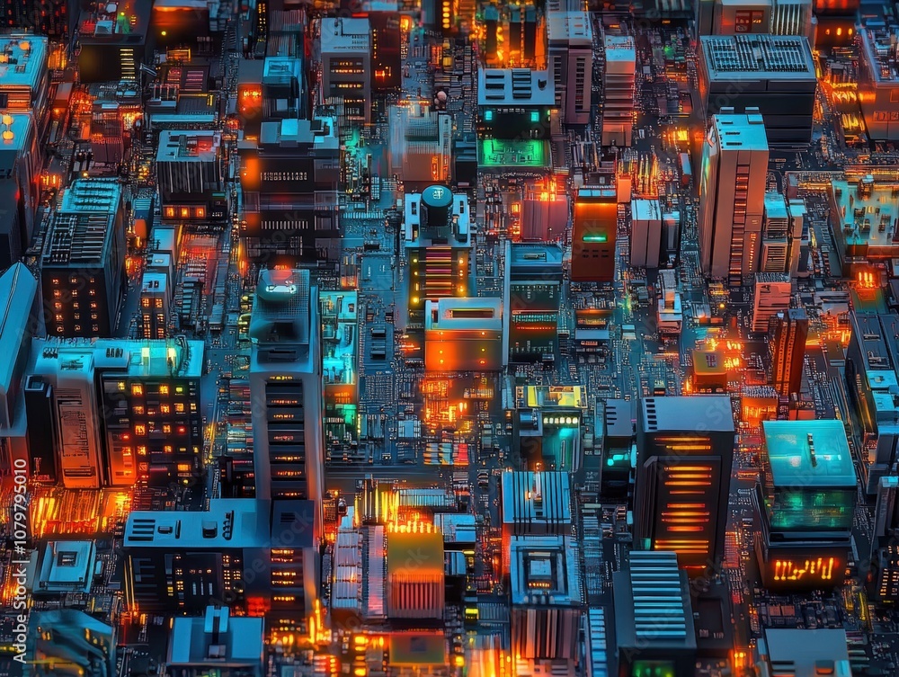 Obraz premium Futuristic cityscape of glowing electronic circuits and components