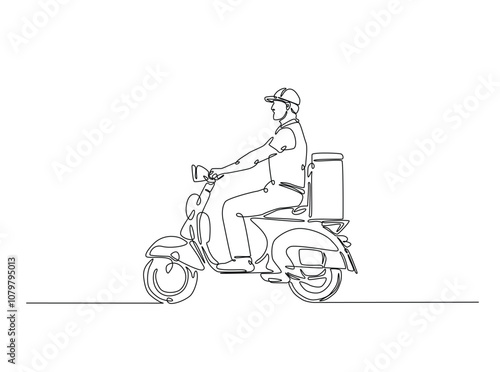 Continuous one line drawing of delivery man riding scooter. Courier riding a scooter single line art vector illustration. Editable vector.