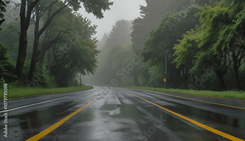 The rain-soaked road is lined with green trees under a cloudy sky, A serene nature scene drenched in rain. Generative AI photo