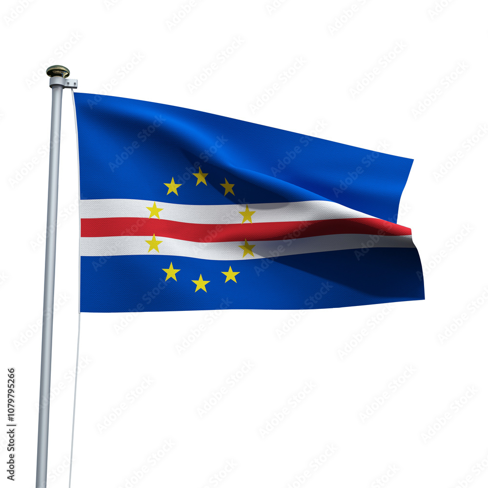 Cabo verde flag on a pole waving isolated on white background Cabo verde flag on a pole waving isolated on white background