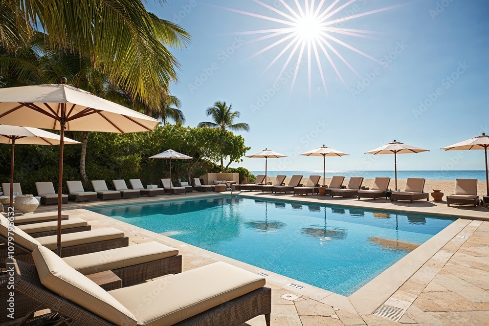 Tranquil Beachfront Pool Retreat with Comfortable Lounge Chairs and Umbrellas Beneath a Bright Sky Tranquil Beachfront Pool Retreat with Comfortable Lounge Chairs and Umbrellas Beneath a Bright Sky
