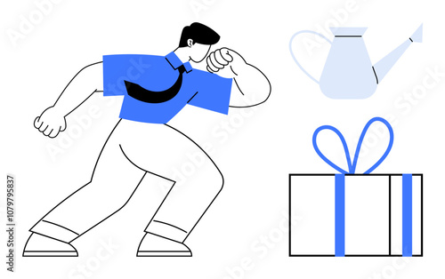 Strongman flexing bicep next to gift box with blue ribbon and white watering can. Ideal for strength, celebration, growth, gifting, motivation, gardening, and minimalism themes. Line metaphor