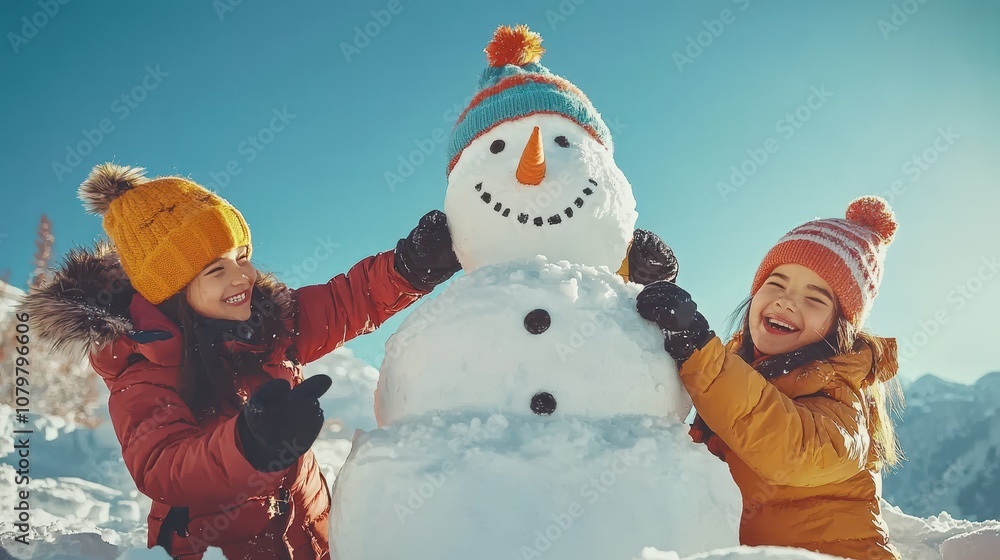 Joyful Children Enjoying Winter Activities While Building a Snowman in a Scenic Outdoor Setting Surrounded by Snow-Covered Mountains in Bright Colors Joyful Children Enjoying Winter Activities While Building a Snowman in a Scenic Outdoor Setting Surrounded by Snow-Covered Mountains in Bright Colors