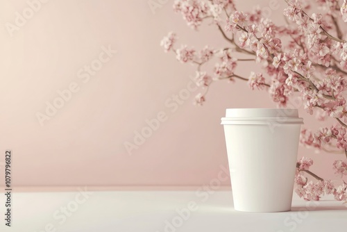 White color coffee cup template with copy space for front view design. Mockup for valentine's day, birthday with floral decor with generative ai