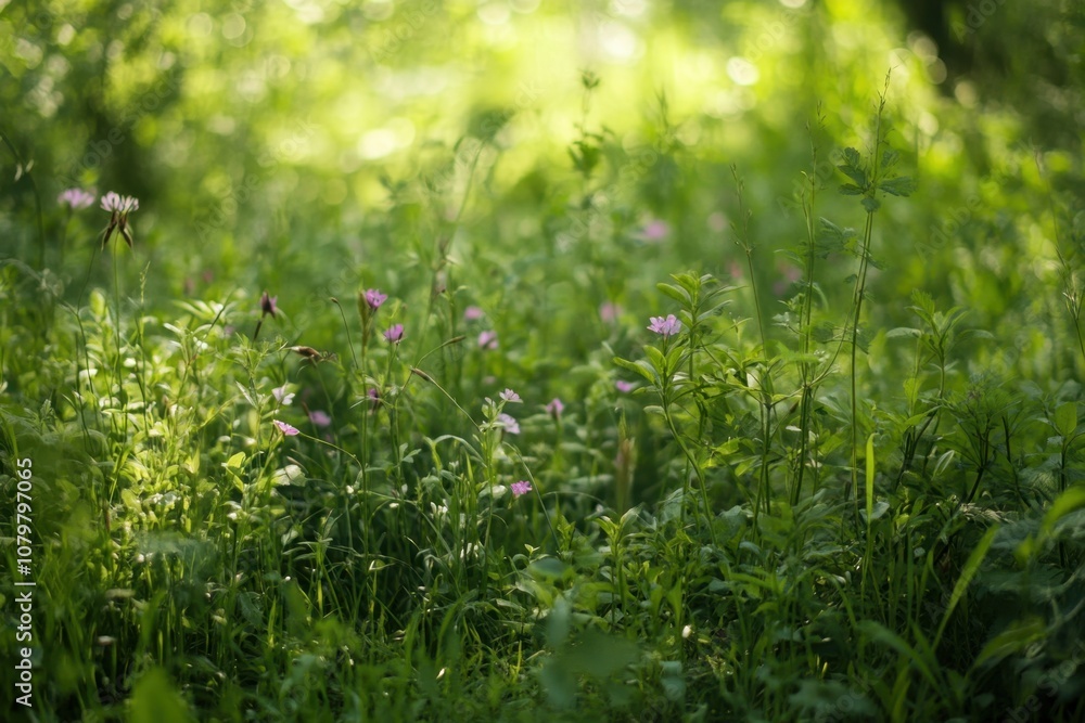 A close-up of a field of wildflowers in a forest, with the sun shining through the leaves. A close-up of a field of wildflowers in a forest, with the sun shining through the leaves.