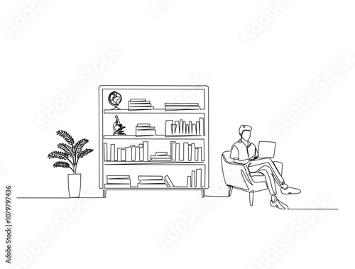 Continuous one line drawing of man sitting in armchair beside the library bookshelf. Editable vector.