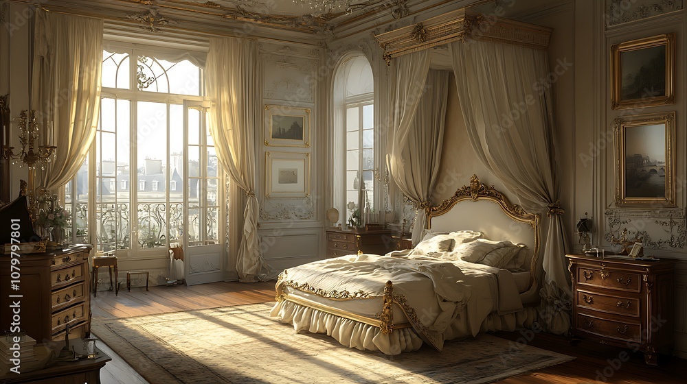 A refined Parisian-style bedroom with a canopied bed, vintage dresser, soft neutral tones, and ornate ceiling details, creating a luxurious and elegant space bathed in natural light --ar 16:9 A refined Parisian-style bedroom with a canopied bed, vintage dresser, soft neutral tones, and ornate ceiling details, creating a luxurious and elegant space bathed in natural light --ar 16:9