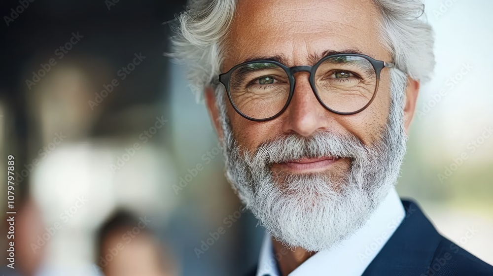 Confident mature businessman with glasses and beard, smiling in professional attire. Confident mature businessman with glasses and beard, smiling in professional attire.