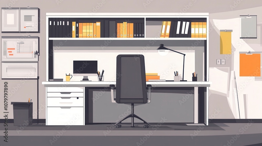 Minimalist Office Workspace Featuring Desk, Chair, and Shelves with Organized Supplies Minimalist Office Workspace Featuring Desk, Chair, and Shelves with Organized Supplies