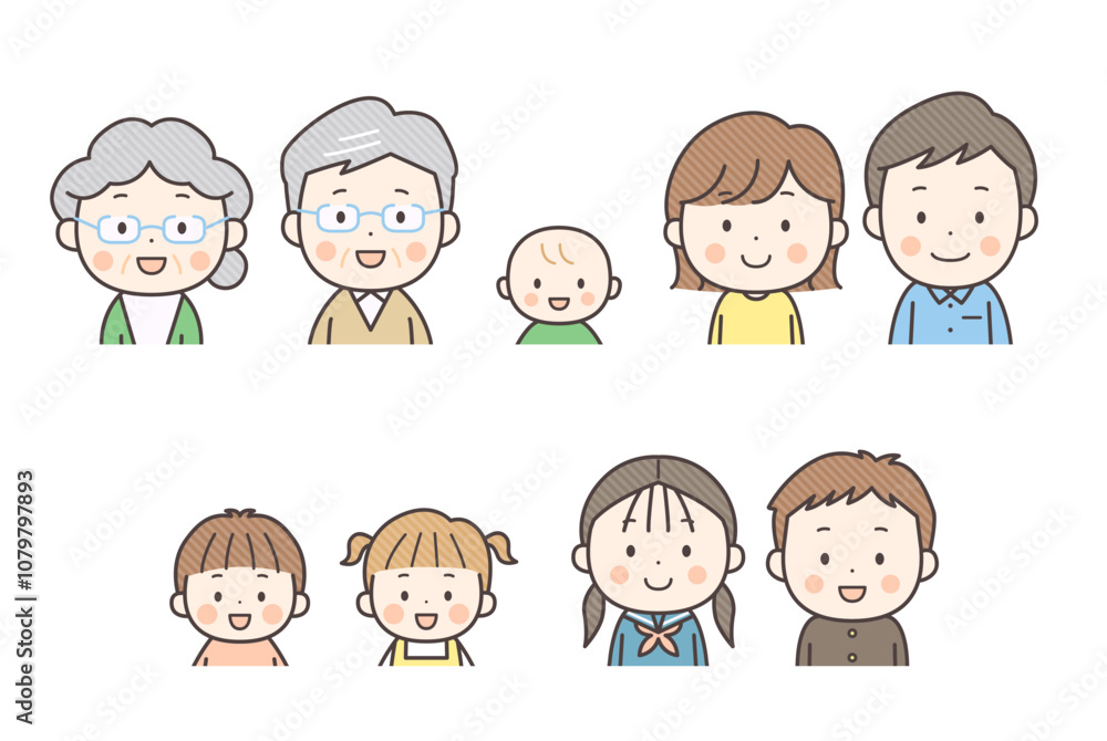 笑顔のさまざまな世代の上半身イラストセット
笑顔のさまざまな世代の上半身イラストセット