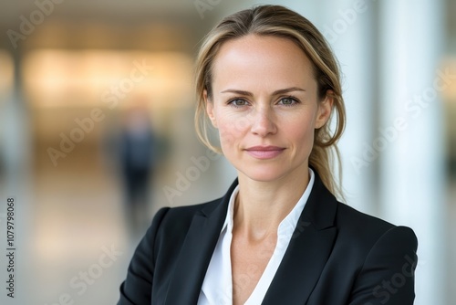 Confident professional woman in business attire in a modern office setting.