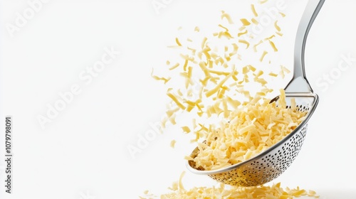 Grated Cheese Falling from Colander with White Background in Minimalist Style photo