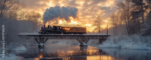 A train crossing a snowy bridge, with passengers taking in the view photo