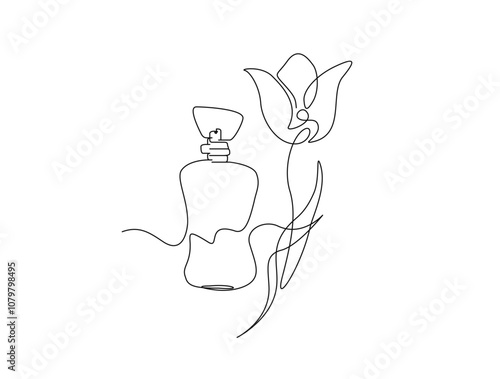 Continuous one line drawing of perfume bottle with flower. Trendy perfume bottle single line vector illustration.