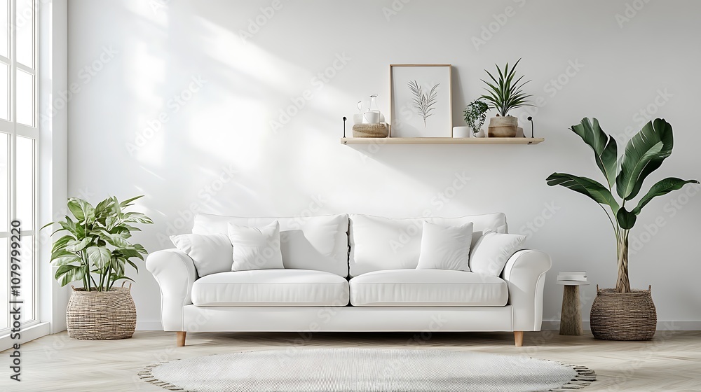 Minimalist Living Room with White Sofa and Natural Elements Minimalist Living Room with White Sofa and Natural Elements