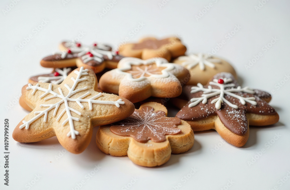 Festive assortment of iced christmas cookies with snowflake designs Festive assortment of iced christmas cookies with snowflake designs
