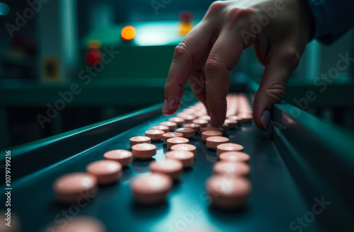 The Automated Pill Production, yellow tablets in a dark room