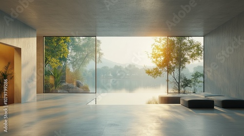 Minimalist living room with large windows overlooking a lake and mountains at sunrise.