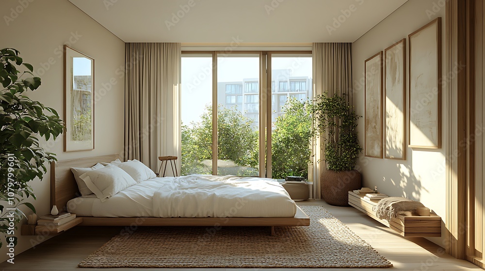 A serene Scandinavian bedroom with a minimalist design, featuring a light wood bed frame, white linen bedding, woven rug, and large windows letting in natural light --ar 16:9 A serene Scandinavian bedroom with a minimalist design, featuring a light wood bed frame, white linen bedding, woven rug, and large windows letting in natural light --ar 16:9