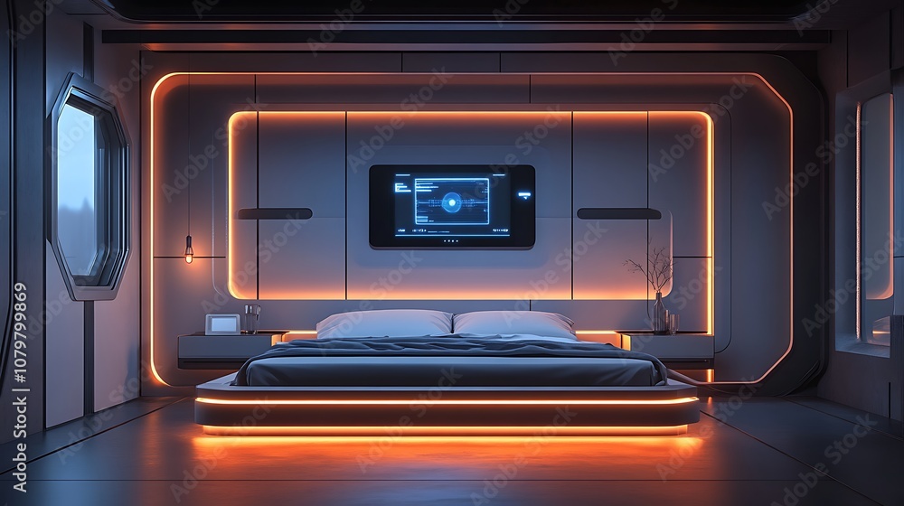 A sleek, modern bedroom with a touch-screen wall panel for controlling lights and temperature, under-bed LED lighting, and a minimalist aesthetic with futuristic decor elements --ar 16:9 A sleek, modern bedroom with a touch-screen wall panel for controlling lights and temperature, under-bed LED lighting, and a minimalist aesthetic with futuristic decor elements --ar 16:9