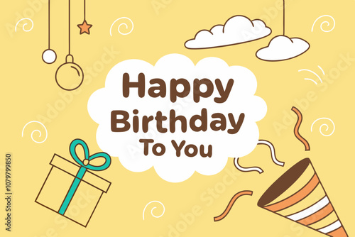 Happy birthday greeting vector design. Birthday greeting with gift box, party hat, whistle hanging elements and paper cut clouds