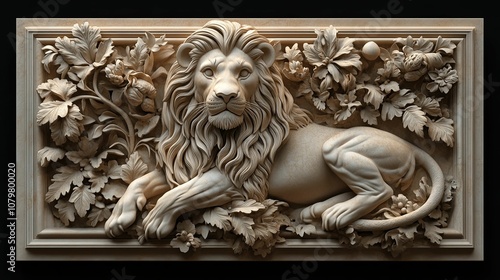 Intricate Carved Relief of a Lion Resting Among Foliage