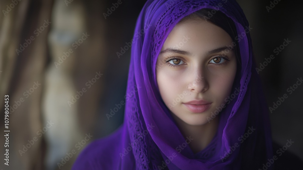 Thoughtful young woman in purple hijab Thoughtful young woman in purple hijab
