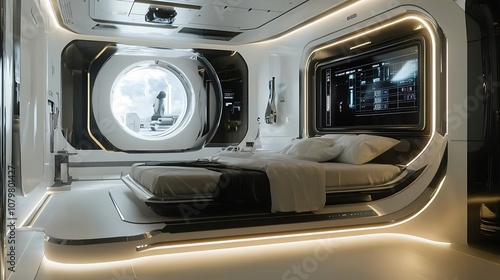 A stylish high-tech bedroom with mood-responsive lighting, a wall-mounted interactive screen, sleek black and chrome accents, and a futuristic bed design, embodying a sophisticated,