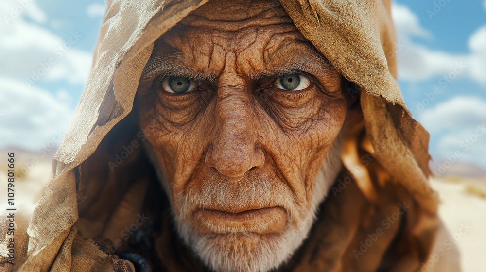 Close-up portrait of an old man with a weathered face wearing a hooded robe against a desert sky. Close-up portrait of an old man with a weathered face wearing a hooded robe against a desert sky.