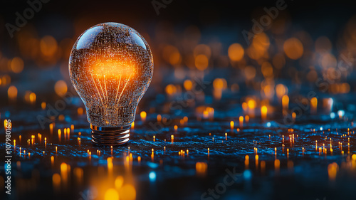 A light bulb is lit up in a dark background with a lot of glowing lights. The light bulb is surrounded by a lot of glowing lights, creating a sense of energy and excitement photo