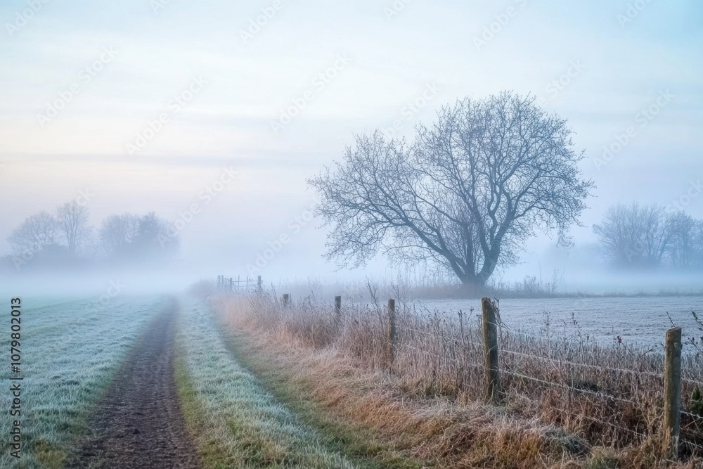 A dirt path winds through a frosty field with a lone tree silhouetted against the foggy sky. A dirt path winds through a frosty field with a lone tree silhouetted against the foggy sky.