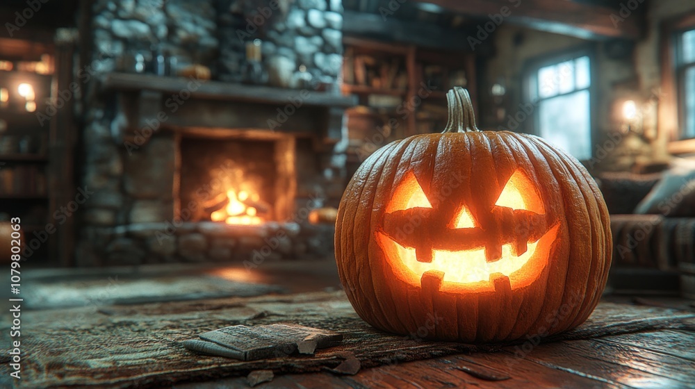 A glowing jack-o'-lantern in a cozy, rustic setting. A glowing jack-o'-lantern in a cozy, rustic setting.