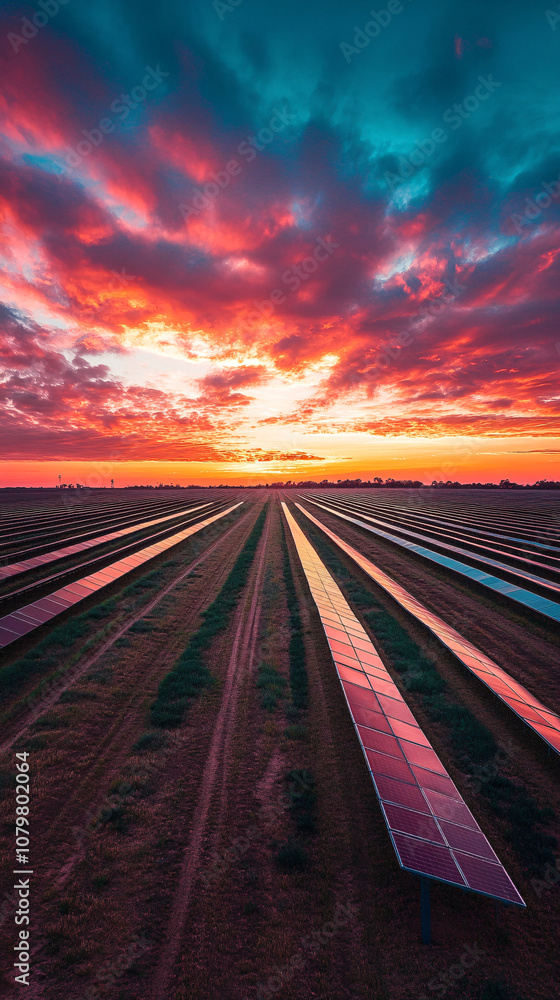 aerial view of solar panel farm at sunset with dramatic red and blue sky
